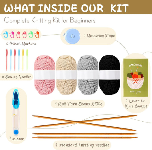 4 Pairs for Beginners Adults Learning to Knit Gloves Hats Scarves Complete Knitting Crochet Starter Kit with Yarn Needle Stitch Markers Guided Craft DIY Gifts for Women Men Winter