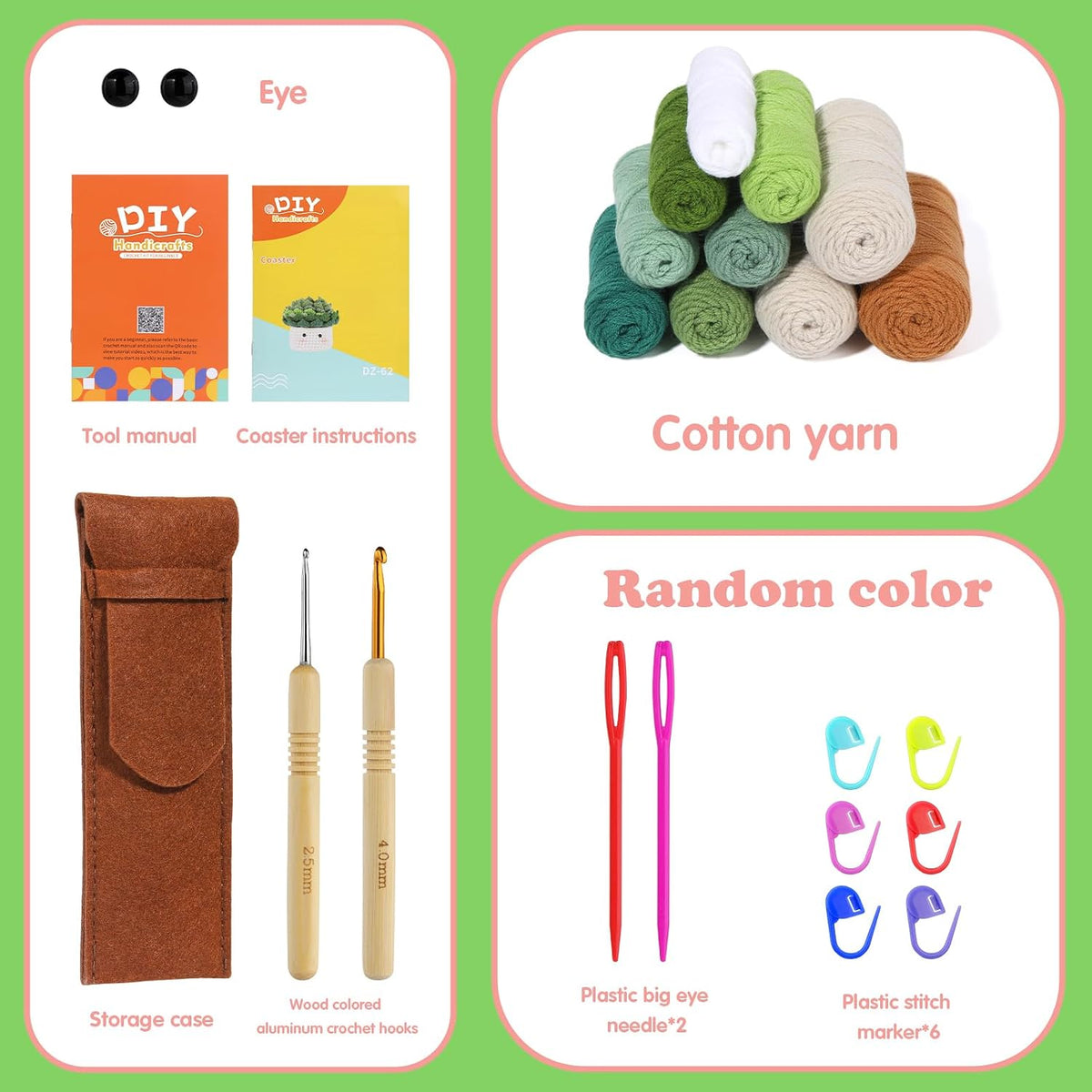 Beginner Crochet Kit, 6-Piece Coaster Crochet Starter Kit Planter, Knitting Supply Kit with Step-by-Step Video Tutorial, Crochet Yarn DIY Gift for Adults