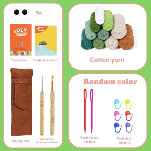 Beginner Crochet Kit, 6-Piece Coaster Crochet Starter Kit Planter, Knitting Supply Kit with Step-by-Step Video Tutorial, Crochet Yarn DIY Gift for Adults