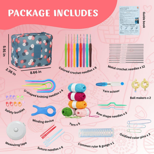 Crochet Kit for Beginners, Adults and Kids | 52-Piece Crochet Set with Yarn, Ergonomic Crochet Hook and Storage Box | Perfect Crochet Starter Kit for Travel, Knitting Supplies and DIY Craft Gifts