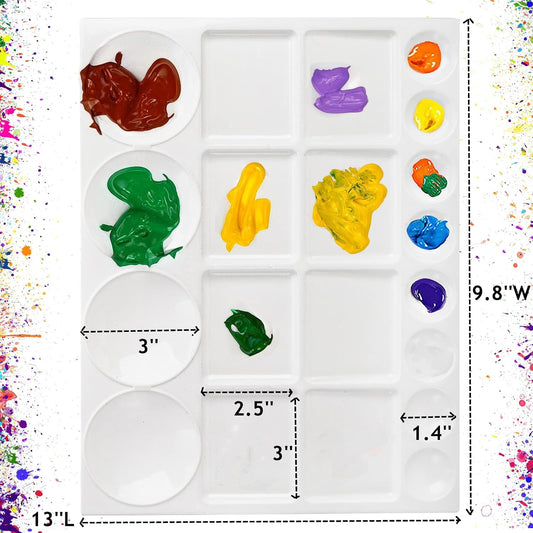 10 Pack Plastic Palette, 20 Well Reble Paint Palette | 13"L x 10"W Rectangular Painting Tray for Acrylic Oil Watercolor Painting, Mixing Separating Color, DIY Craft