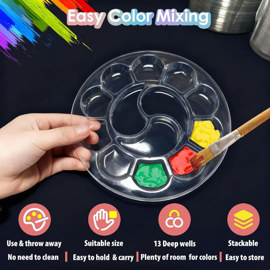 100Pcs Disposable Paint Tray Palettes Clear Plastic Paint Pallets for Kids Round Paint Holder Tray for Students Watercolor Palette for Painting Party, DIY Craft, Art Class
