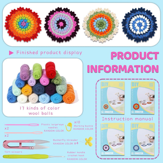 Beginner Crochet Kit, 4-Pack Coaster Crochet Starter Kit with Instructions and Video Tutorial, Easy to Learn Adult Crochet Kit, Knitting Kit for Beginners DIY Crafts