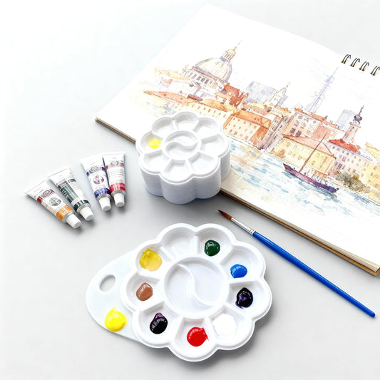 Paint Palettes, 50 Pcs, One Time Use Plastic, White 4.6 inch | Mini Watercolor Painting Palettes for Students, Kids, Paint Holder, DIY Craft Class, Paintings