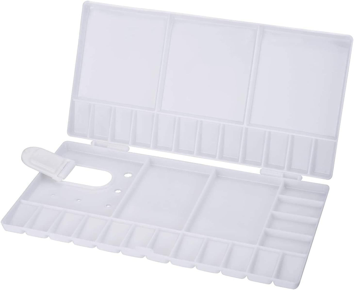 Watercolor Palette Folding Paint Tray Plastic Painting Pallet with 33 Compartments, Thumbhole and Brush Holders, White