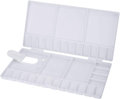 Watercolor Palette Folding Paint Tray Plastic Painting Pallet with 33 Compartments, Thumbhole and Brush Holders, White