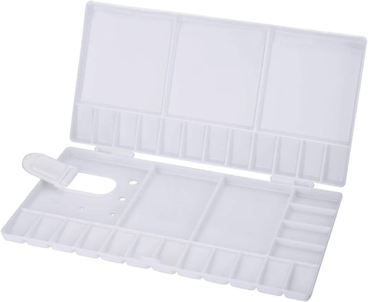 Watercolor Palette Folding Paint Tray Plastic Painting Pallet with 33 Compartments, Thumbhole and Brush Holders, White