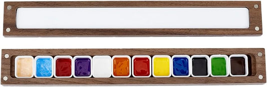 12 Grids Empty Watercolor Palette, Washable Walnut Paint Tray with Lid Travel Wooden Painting Box Watercolor Box Case for Painters Students Adult Studio Home Outdoor, Camel