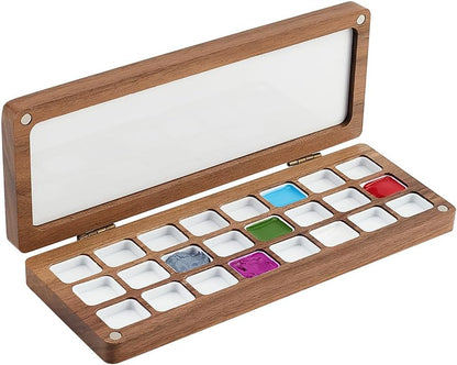 Empty Watercolor Paint Palette, 24 Grids Wooden Color Mixing Tray with Lid Travel Water Color Box Durable Case for Painters Students Adult Studio Home, Camel