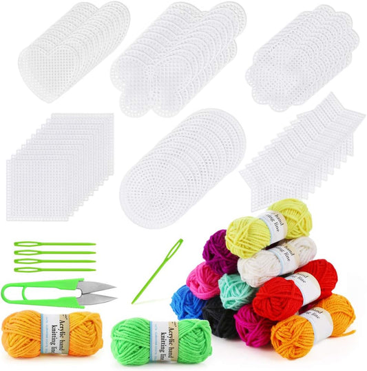 60-Piece Mesh Plastic Canvas Kit - 6 Shapes, 3" Clear Canvas, 12 Colors of Acrylic Yarn and Tools for Embroidery, Knitting and Crochet Projects