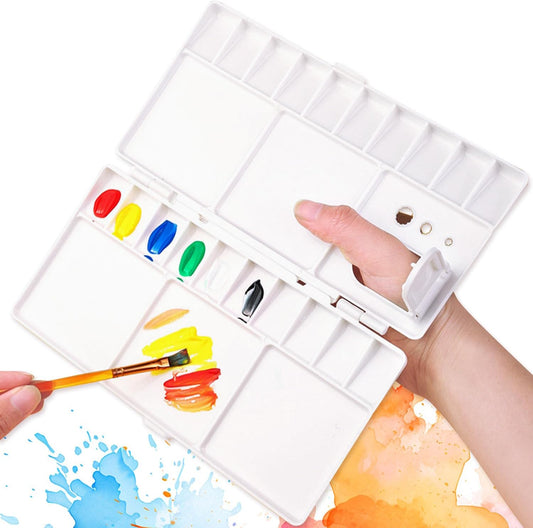 Water Color Palette,Empty Watercolor Palette,25-Well Compact Paint Palette Box,Folding Paint Tray with Thumb Holes and Brush Holder,Plastic Painting Palette for Paint Color Mixing (1 Pcs)