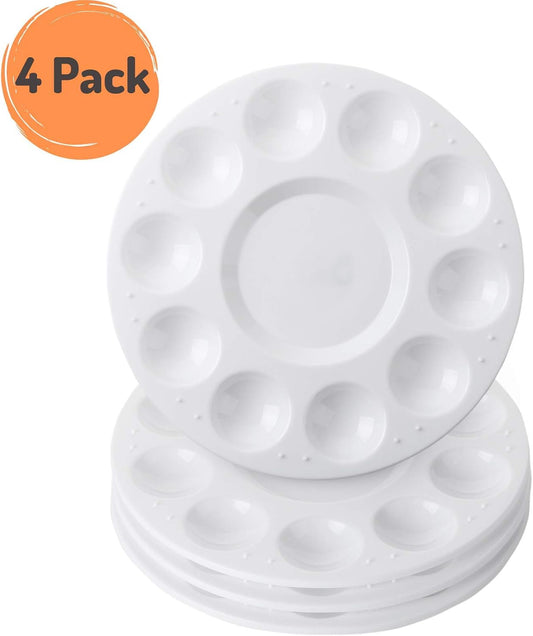 Round Paint Tray Palettes, 4 Pack | Plastic White Palettes for Students, Kids, Paint Holder, DIY Craft Class, Painting
