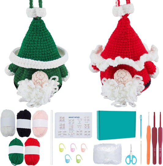 Set of 2 Christmas Gnome Crochet Kits for Beginners, Santa Claus Crochet Kit with Tutorial, DIY Knitted Crochet Doll Set for Adults and Kids Holiday Christmas Decoration