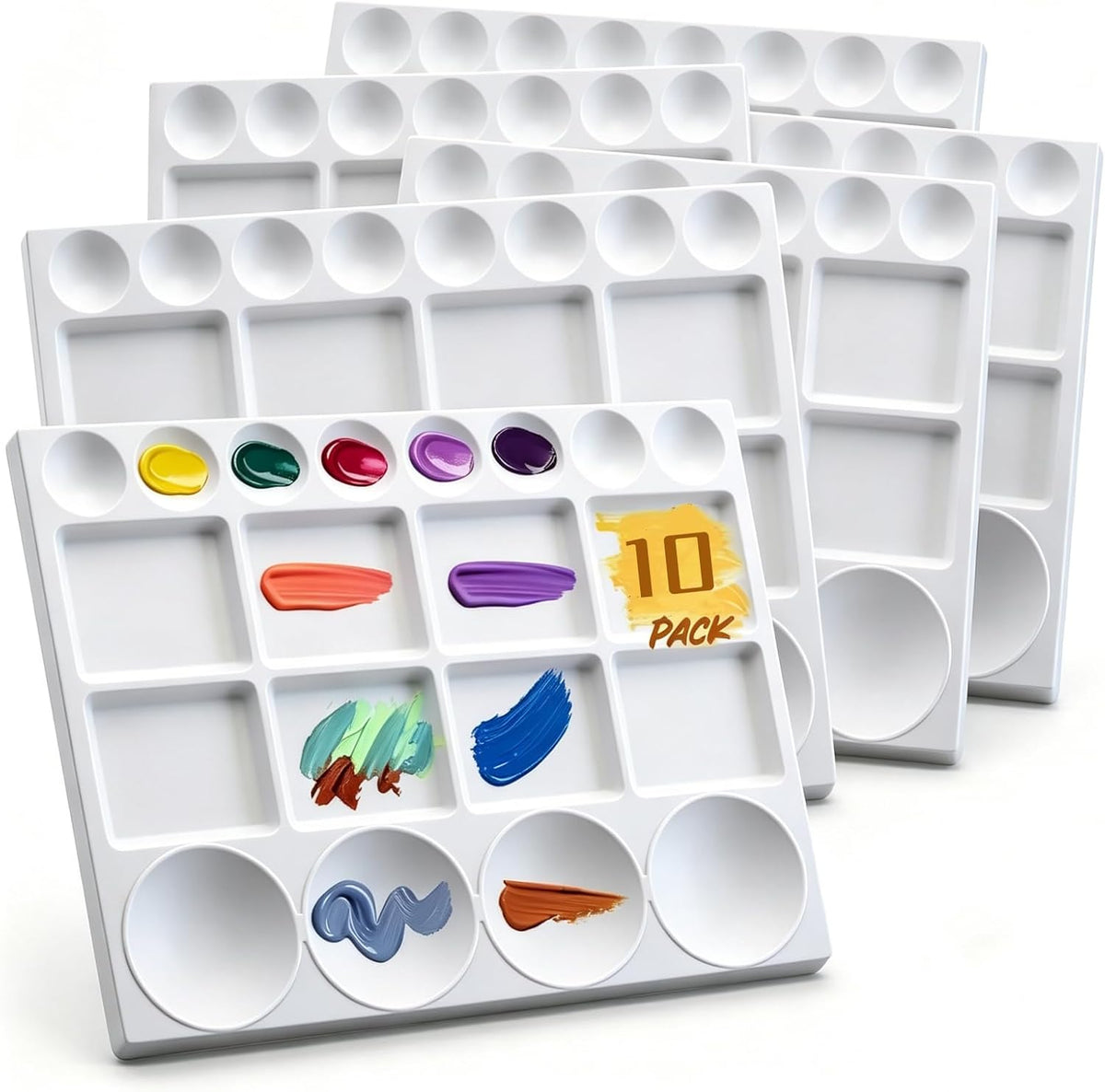 10 Pack Plastic Palette, 20 Well Reble Paint Palette | 13"L x 10"W Rectangular Painting Tray for Acrylic Oil Watercolor Painting, Mixing Separating Color, DIY Craft