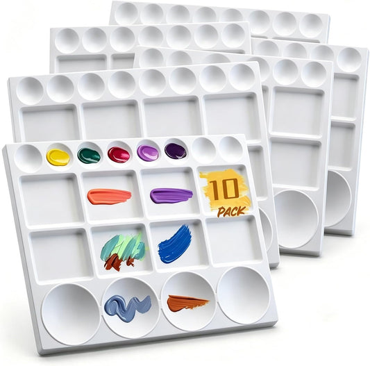 10 Pack Plastic Palette, 20 Well Reble Paint Palette | 13"L x 10"W Rectangular Painting Tray for Acrylic Oil Watercolor Painting, Mixing Separating Color, DIY Craft