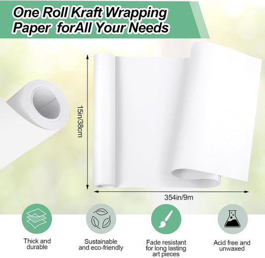 Craft Paper Roll 15''×354'', Industrial-Grade Kraft Paper Roll, White Easel Paper Roll for Kids for Moving, Gift Wrapping, Wall Art, Tab