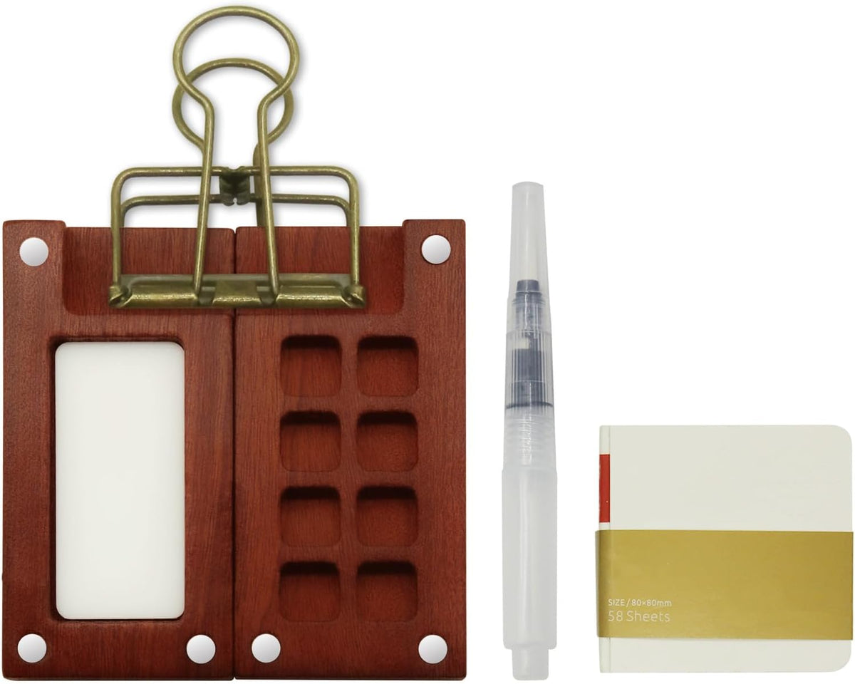 8 Grid Miniature Wooden Watercolor Painting Palette Kit with Portable Sketchbook and Water Pen, Travel Watercolor Palette Set for Artists