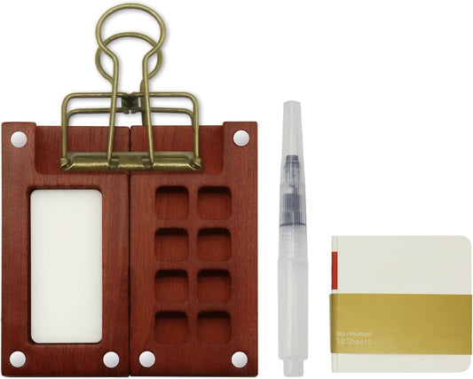 8 Grid Miniature Wooden Watercolor Painting Palette Kit with Portable Sketchbook and Water Pen, Travel Watercolor Palette Set for Artists