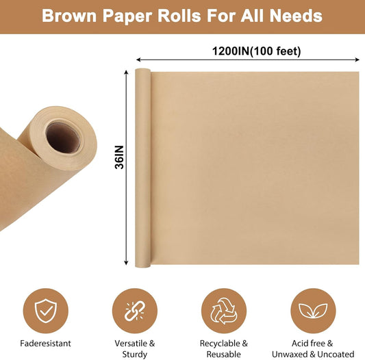 36" x 1,200"(100') Brown Kraft Paper Roll Banner Paper Craft Paper | 70GSM 50LB Wrapping Paper for Bulletin Board, Gift Packing, Art Table Covering, Flower Bouquet Packing, Moving, Shipping