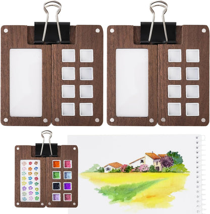 Set of 2 Mini Wood Watercolor Palette, Portable, 8 Grid | Sketchbook Paint Palette with Clips, Pocket Travel Watercolor Kit, Mixing Tray Box for Artists Beginners Painters Students