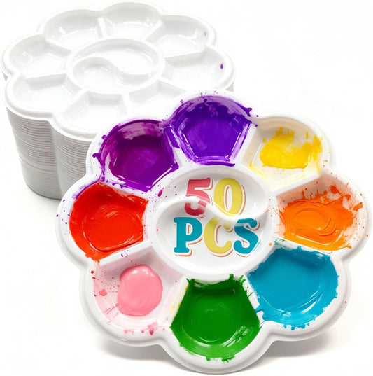 Paint Palettes, 50 Pcs, One Time Use Plastic, White 4.6 inch | Mini Watercolor Painting Palettes for Students, Kids, Paint Holder, DIY Craft Class, Paintings