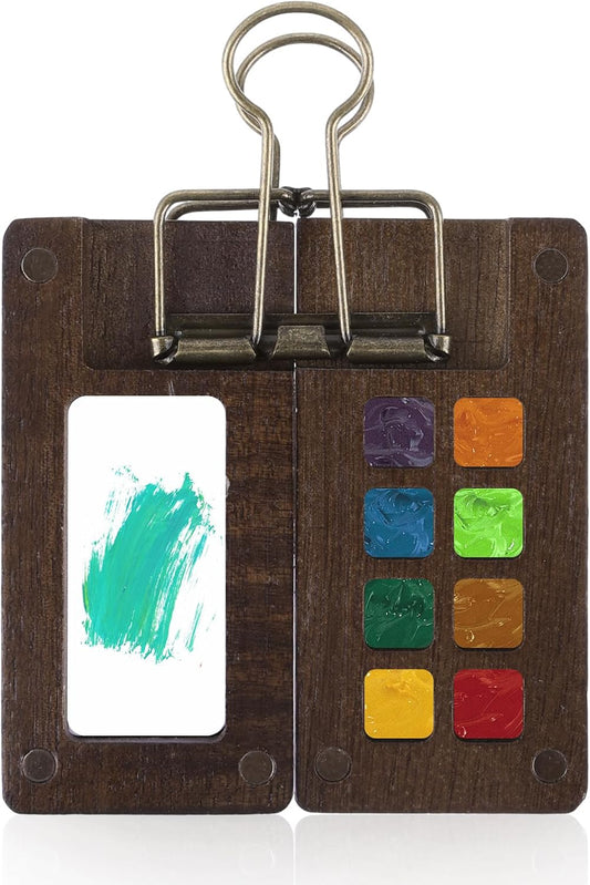 8 Grid Mini Portable Watercolor Palette with A Clip, Wooden Colour Mini Paint Palette, Sketchbook Palette for Water Color, Gouache, Acrylic Paint, Gift for Painters and Artists