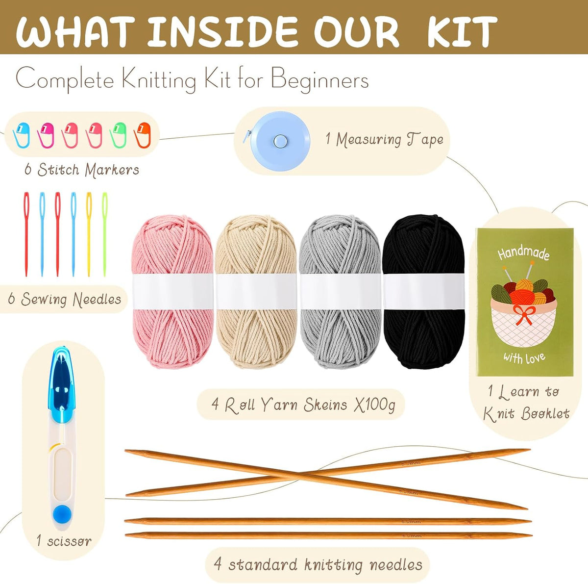 4 Pairs for Beginners Adults Learning to Knit Gloves Hats Scarves Complete Knitting Crochet Starter Kit with Yarn Needle Stitch Markers Guided Craft DIY Gifts for Women Men Winter