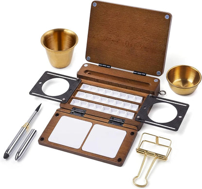 24-Grid Empty Travel Watercolor Palette Box,  All-in-One Walnut Wood Palette Tray Kit, Mini Portable Sketchbox for Plein Air Painting with Three Ends Travel Brush and Watercolor Cup