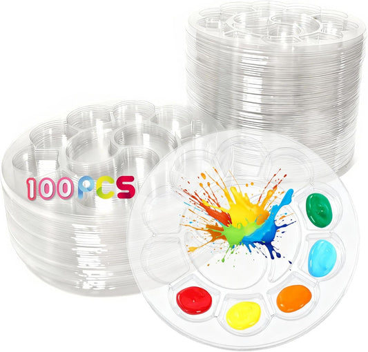 100Pcs Disposable Paint Tray Palettes Clear Plastic Paint Pallets for Kids Round Paint Holder Tray for Students Watercolor Palette for Painting Party, DIY Craft, Art Class