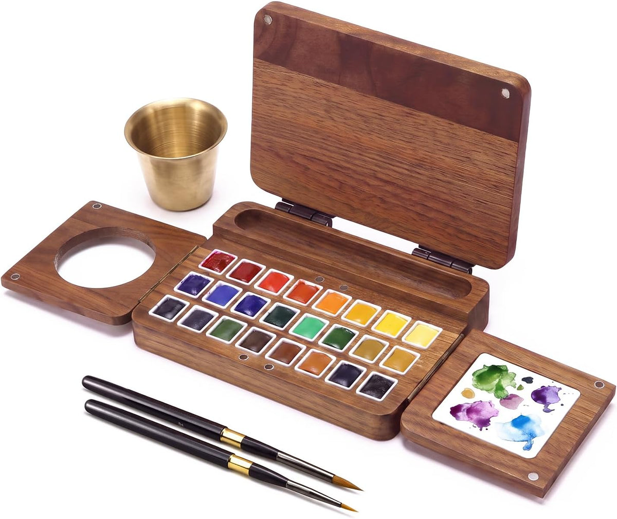 Wooden Foldable Watercolor Paint Box – Portable Travel Palette with Water Cup & 2 Nylon Brushes, Personalized Artist Gift