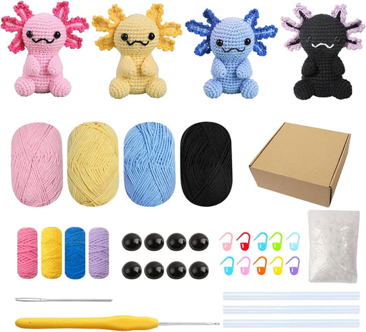 4-Pack Salamander Crochet Kit for Beginners Adults, DIY Crochet Animal Kit with Step-by-Step Video Tutorial, Crochet Kit for Beginners, Beginner Crochet Kit for Adults