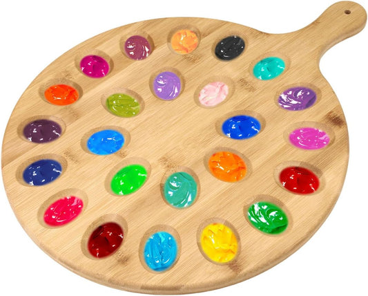 2 Sides Wooden Paint Palette, 24 Well & Flat Wood Paint Tray for Painting, Oil Watercolor Acrylic Art Wooden Paint Mixing Palette Holder for Artist Painter (Beige)