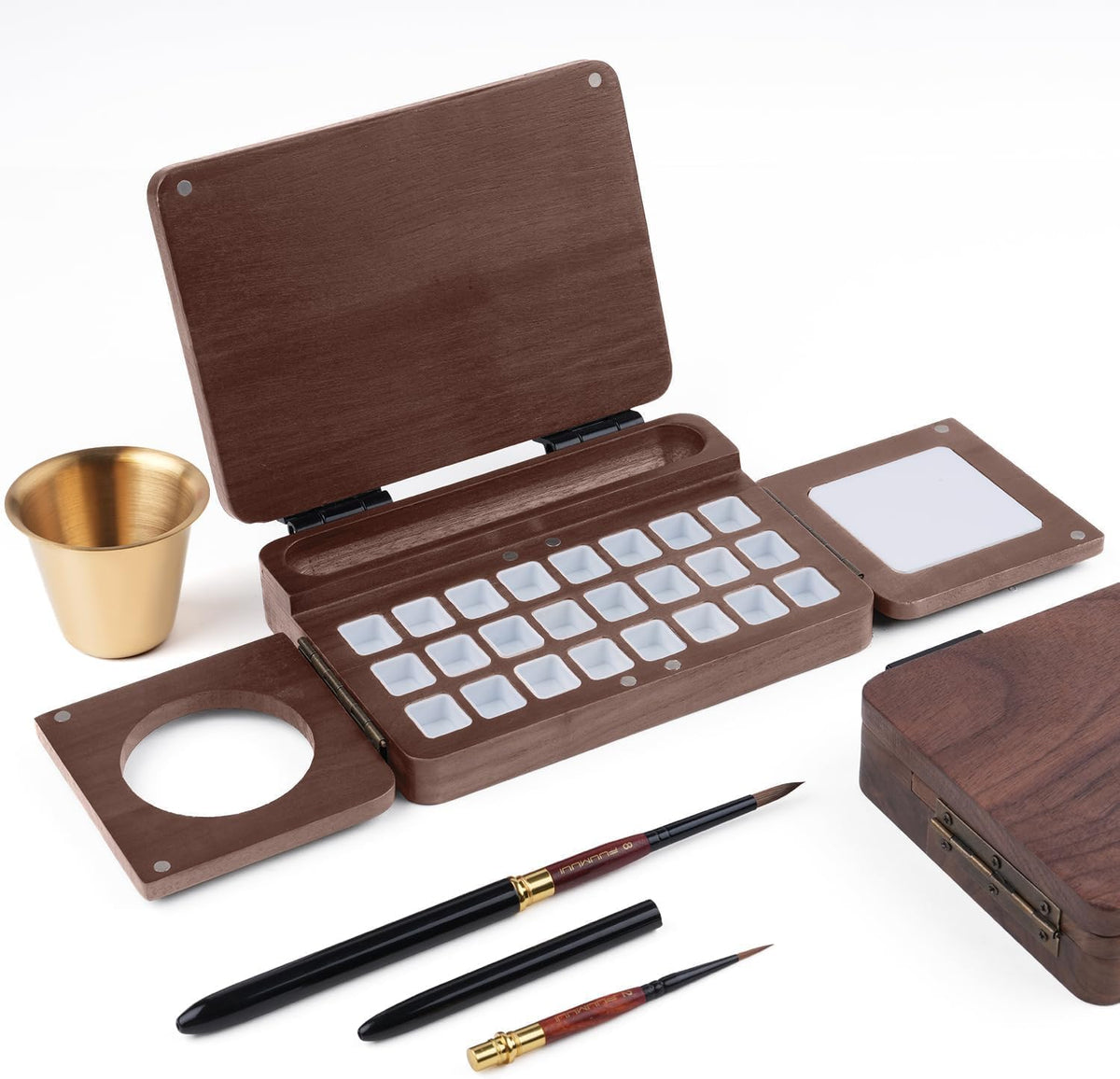 Travel Watercolor Palette 24 Grids Foldable with 2pcs Sable Travel Watercolor Brushes, Portable Walnut Wood Palette Box for Plein Air Painting