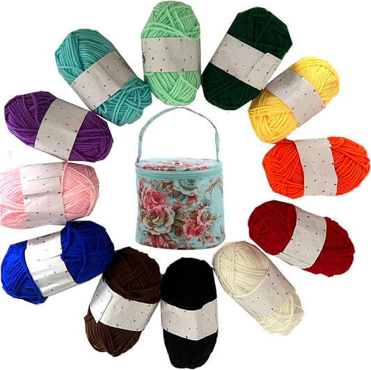 Beginner Crochet Kit 12 Color Acrylic Yarn Set with Yarn Storage Box Crochet Crafts Starter Pack for Adults and Kids (Yarn + Storage)