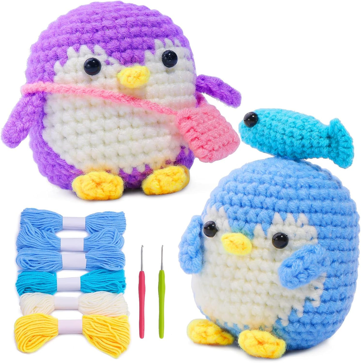 2-Pack Beginner Crochet Kit, Animal Crochet Kit, Cute Crochet Starter Kit with Video Tutorial, 2 Crochet Hooks, Colorful Crochet Yarn, 5 Stitch Markers Complete Crochet Kit Makes 2 Penguins