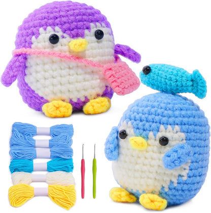 2-Pack Beginner Crochet Kit, Animal Crochet Kit, Cute Crochet Starter Kit with Video Tutorial, 2 Crochet Hooks, Colorful Crochet Yarn, 5 Stitch Markers Complete Crochet Kit Makes 2 Penguins
