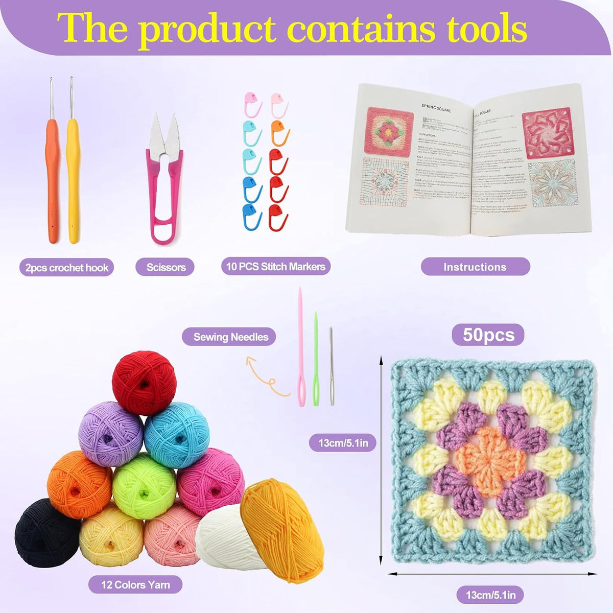 Beginner Crochet Kit for Adults and Kids 2 Piece - Soft Handled Crochet Hook, 12 Shades of Yarn, 50 Crochet Pattern Practice Cards, DIY Knitting and Crochet Starter Kit for Beginners