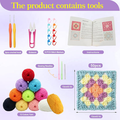 Beginner Crochet Kit for Adults and Kids 2 Piece - Soft Handled Crochet Hook, 12 Shades of Yarn, 50 Crochet Pattern Practice Cards, DIY Knitting and Crochet Starter Kit for Beginners