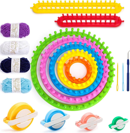 Circular Knitting Loom Set, 18-Piece Supplies Set with Crochet Hook, Pom Pom Maker and Yarn for Beginner Knitters