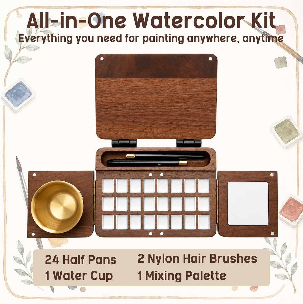 Wooden Foldable Watercolor Paint Box – Portable Travel Palette with Water Cup & 2 Nylon Brushes, Personalized Artist Gift