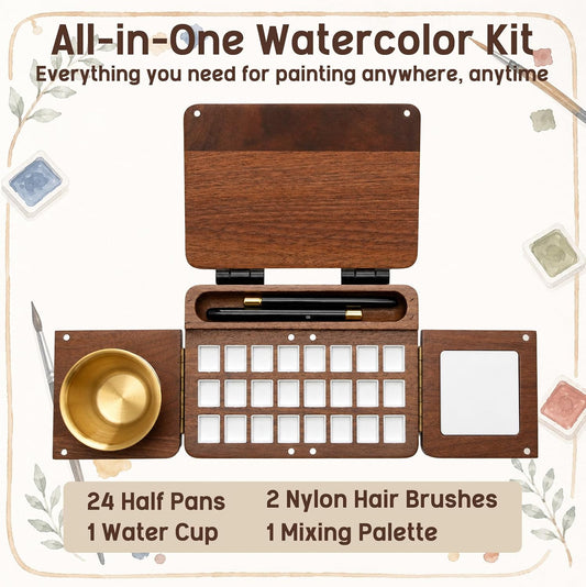 Wooden Foldable Watercolor Paint Box – Portable Travel Palette with Water Cup & 2 Nylon Brushes, Personalized Artist Gift