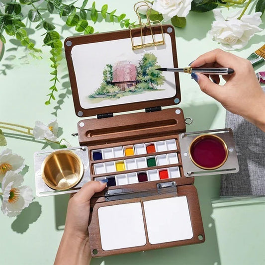 Artist Watercolor Paint Tray 24 Well Foldable Wooden Paint Palette for Artists Students Travel Outdoor Painting Space Saving Box