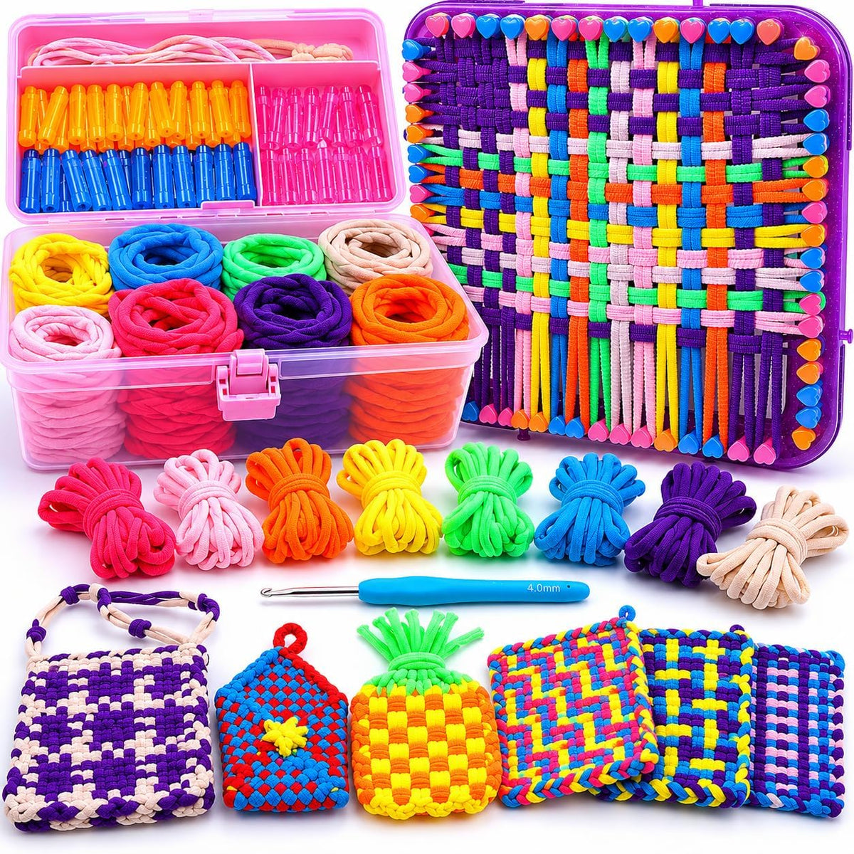 Weaving Loom Kit Toy Crafts - Arts and Crafts for Kids and Adults - Great Birthday Gift for Girls 6 7 8-12 13 Years Old - Sturdy Frame Potholder Loom Making Kit Portable Box and Craft Ring