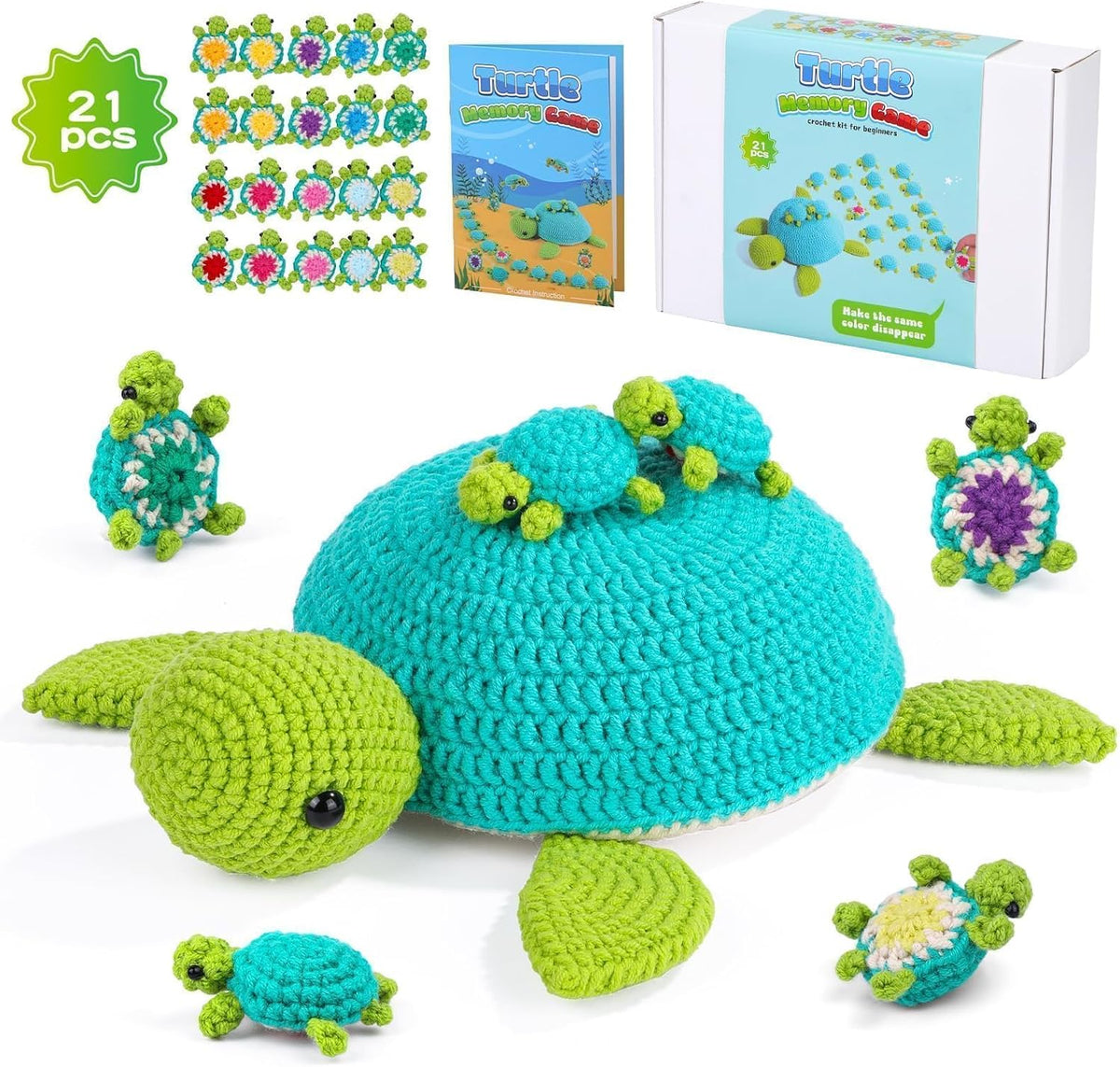 Beginner Crochet Kit, 21 Piece Turtle Family Crochet Animal Kit for Adults, Memory Matching Game, Crochet Starter Kit with Step-by-Step Video Tutorial, Accessories, Arts and Crafts