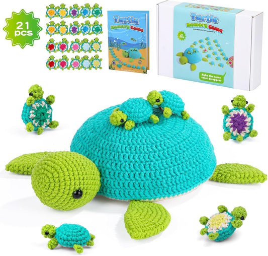 Beginner Crochet Kit, 21 Piece Turtle Family Crochet Animal Kit for Adults, Memory Matching Game, Crochet Starter Kit with Step-by-Step Video Tutorial, Accessories, Arts and Crafts