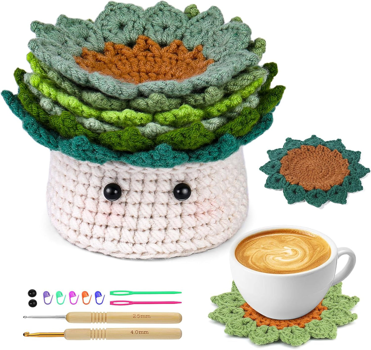 Beginner Crochet Kit, 6-Piece Coaster Crochet Starter Kit Planter, Knitting Supply Kit with Step-by-Step Video Tutorial, Crochet Yarn DIY Gift for Adults