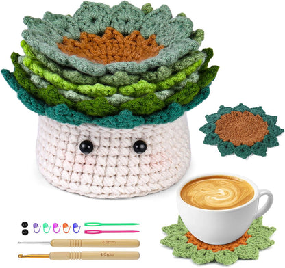 Beginner Crochet Kit, 6-Piece Coaster Crochet Starter Kit Planter, Knitting Supply Kit with Step-by-Step Video Tutorial, Crochet Yarn DIY Gift for Adults
