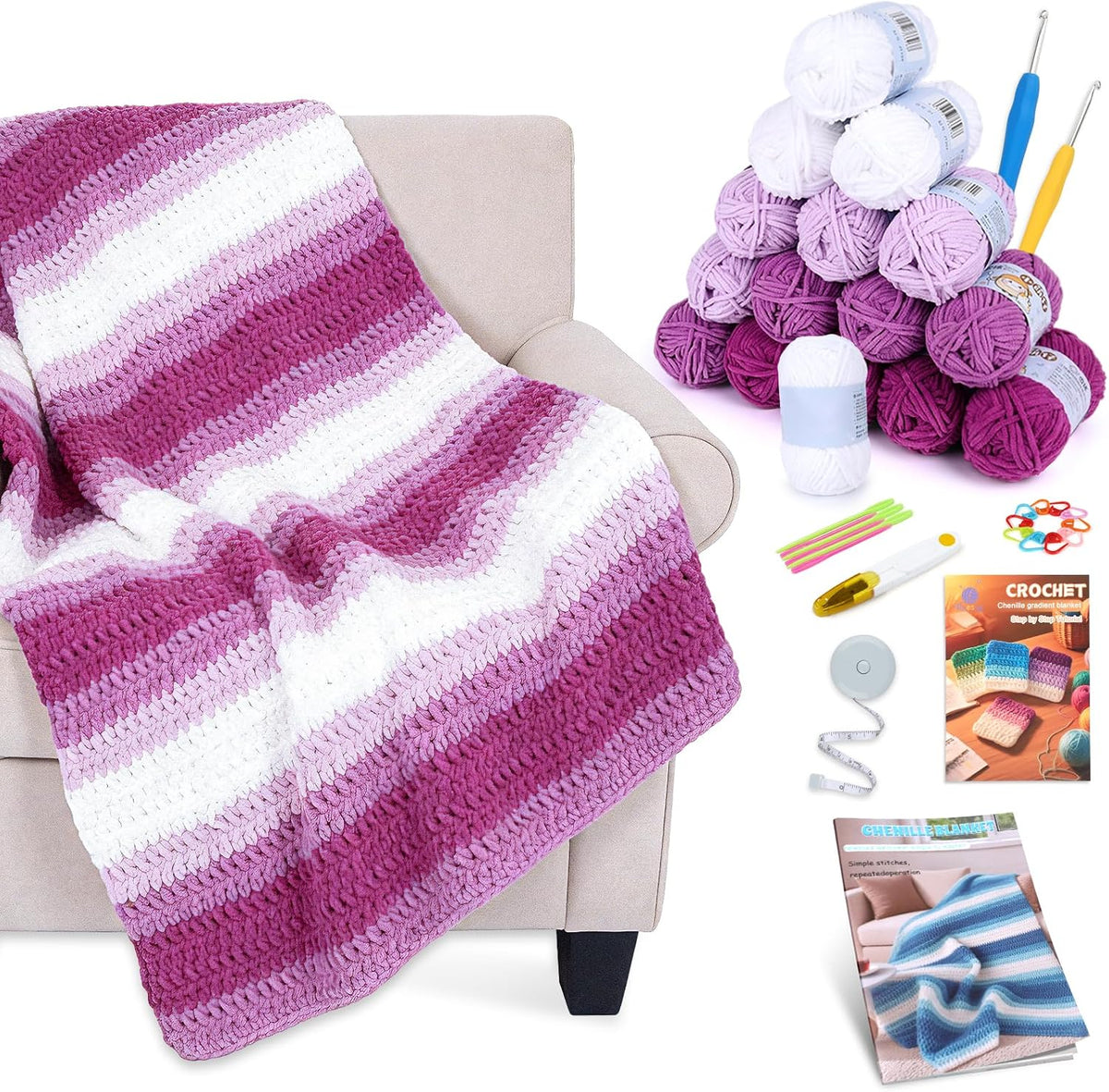 Beginner Crochet Blanket Kit for Adults – Ombre Purple Blanket Kit with Soft Chenille, Hooks and Instructions – Hand Crochet Starter Kit for Adults