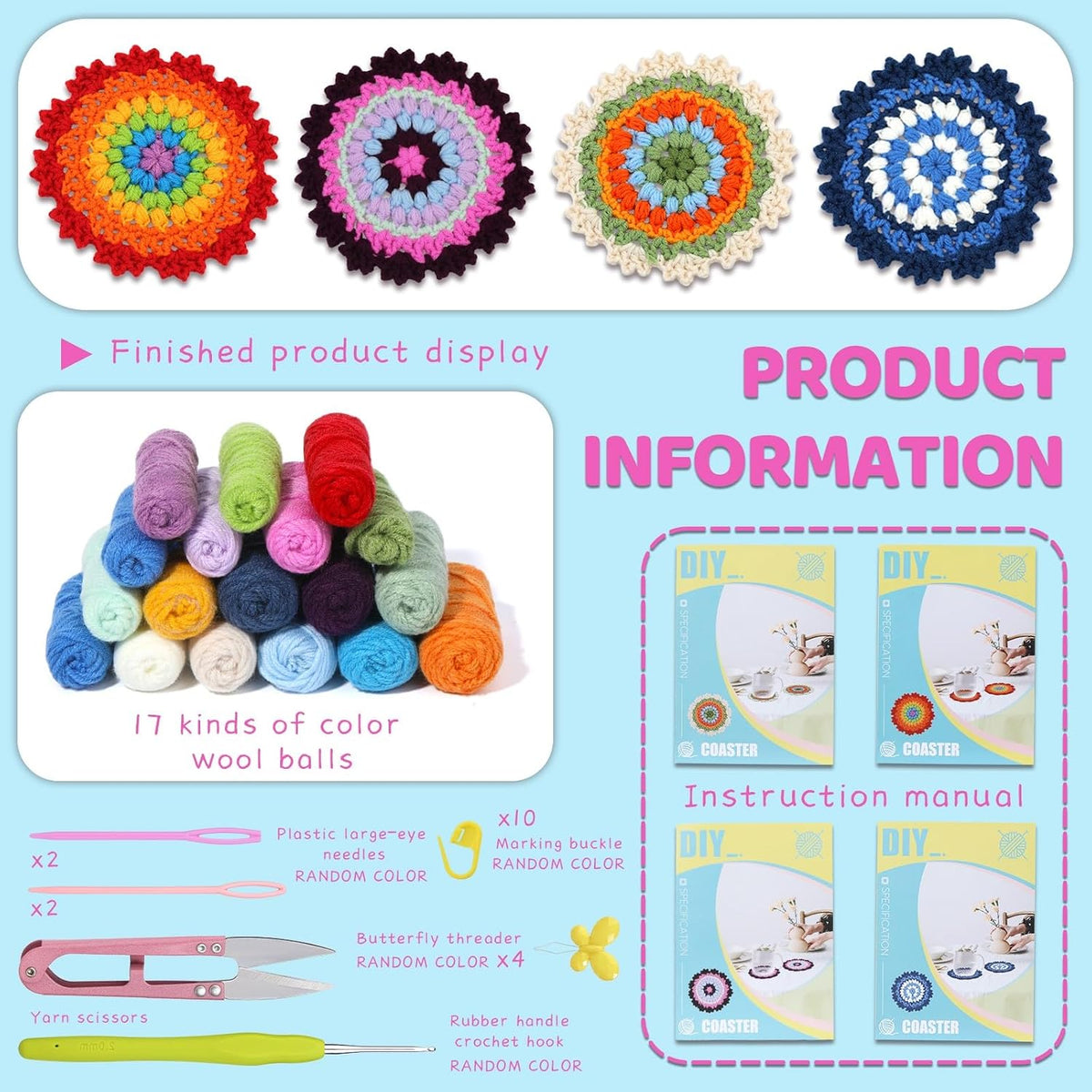 Beginner Crochet Kit, 4-Pack Coaster Crochet Starter Kit with Instructions and Video Tutorial, Easy to Learn Adult Crochet Kit, Knitting Kit for Beginners DIY Crafts