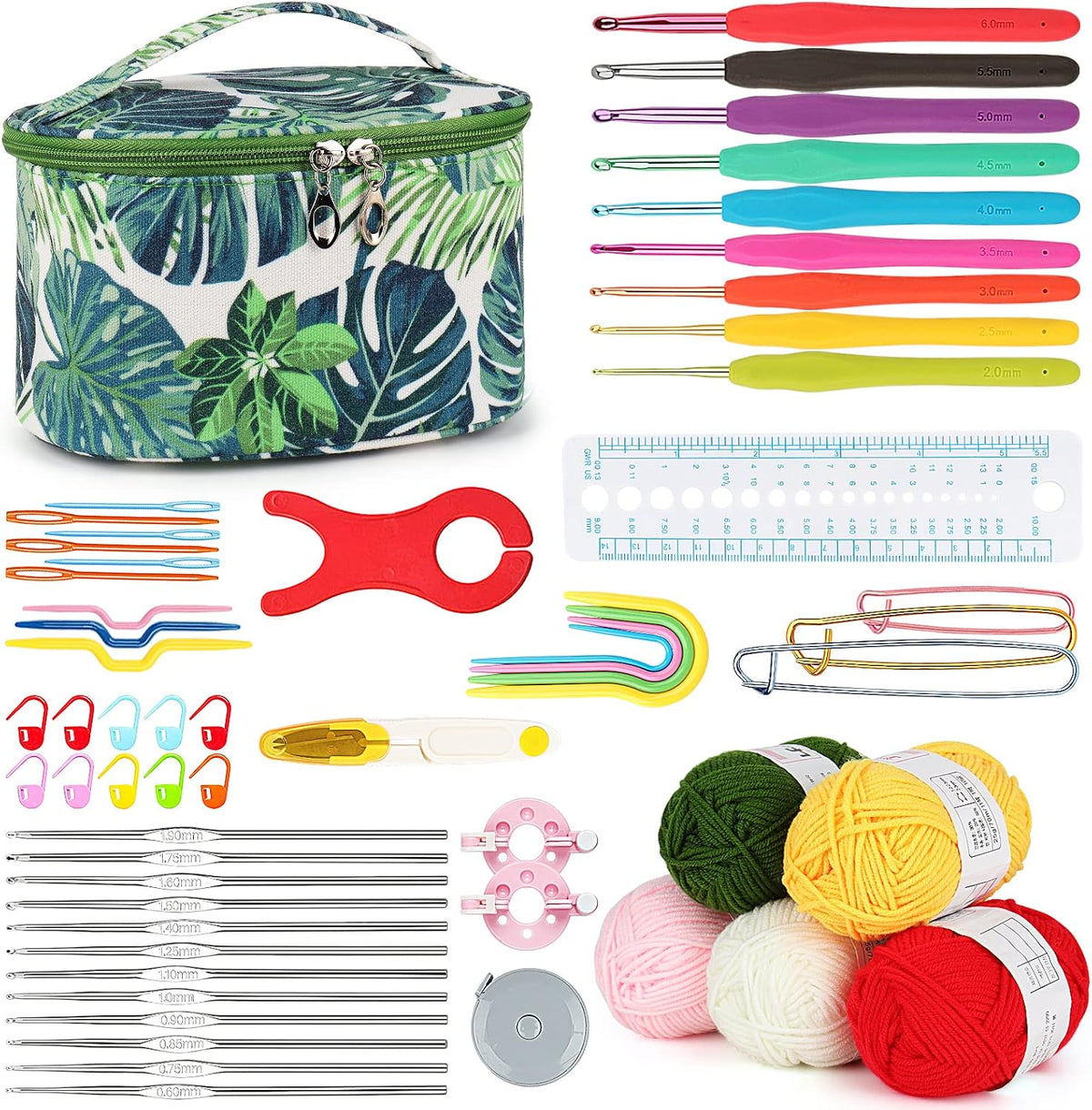 Crochet Kit with Yarn for Beginners, Learn to Crochet Kit Including Crochet Supplies DIY Tools, Crochet Kit for Adults and Kids with Portable Greenery Bag